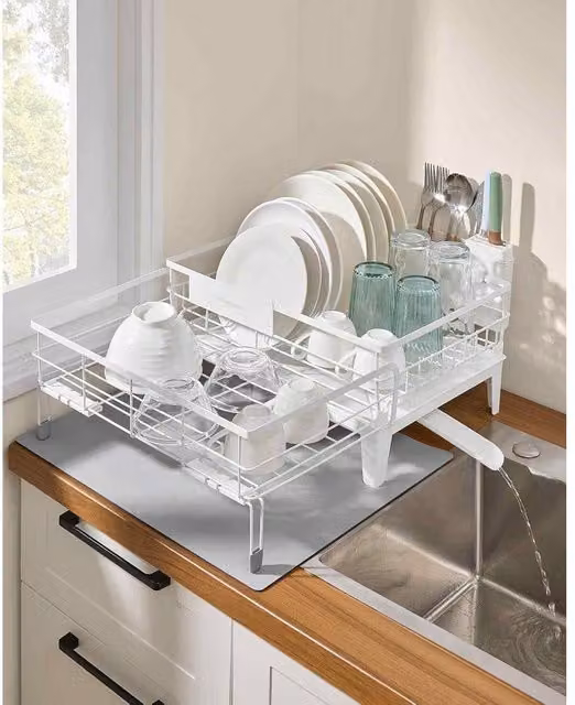 The Bazaarist Expandable Dish Drying Rack with Silicone Mat and Cutlery Holder, White – 1