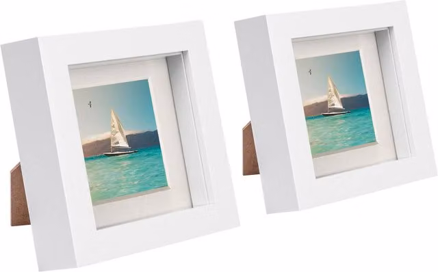 Nicola Spring Pack of 2 Square 3D Box Photo Frames in White and Yellow with Glass and Plastic, W/D/H: 10.16 x 10.16 x 2.54 cm