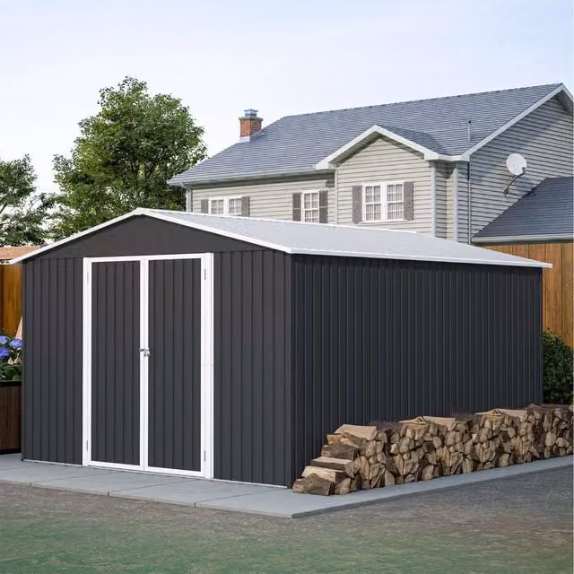 BIRCHTREE Anthracite Metal Garden Shed with Double Doors and Gable Roof