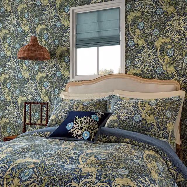 Morris & Co Seaweed Single Duvet Cover and Pillowcase Set in Blue and Green Cotton Percale, W: 90 cm, L: 200 cm
