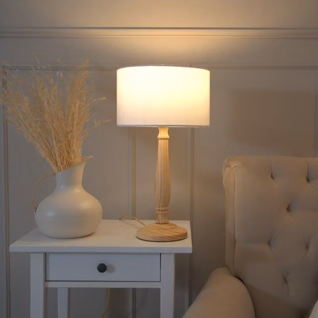 ValueLights Victoria Traditional Wood Table Lamp with White Fabric Drum Shade and LED Bulb – 1