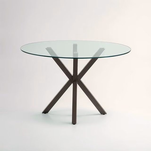 Orsina Salford Round Glass Dining Table with Black Metal Legs and Transparent Top