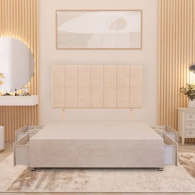 Somnior Beds Ltd Upholstered Velvet Divan Bed Base with Drawers in Ivory, W/D/H: 120 x 200 x 34.5 cm