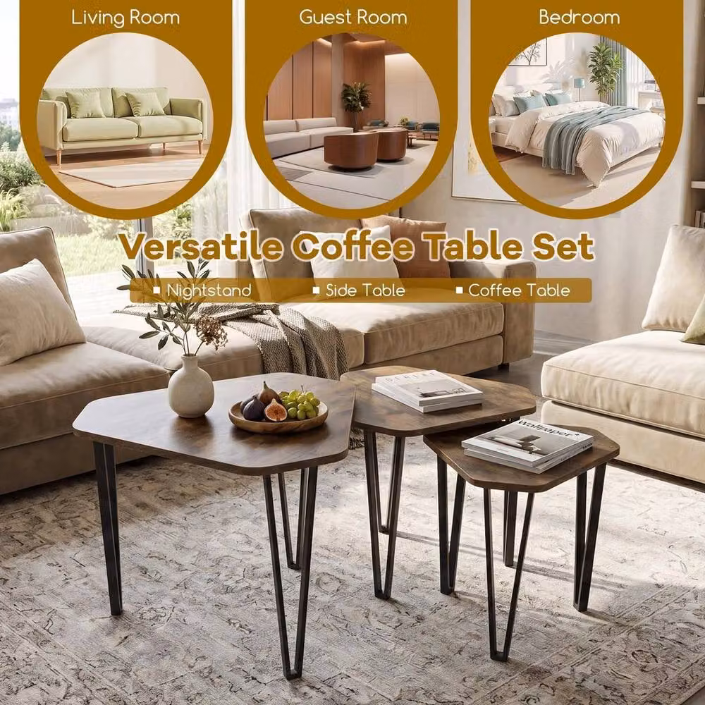 KORVIXA Set of 3 Industrial Nesting Hexagonal Coffee Tables in Brown – 4