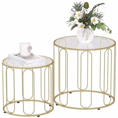 HOMCOM Set of 2 Round Glass Nest of Tables with Gold Metal Frame – 1
