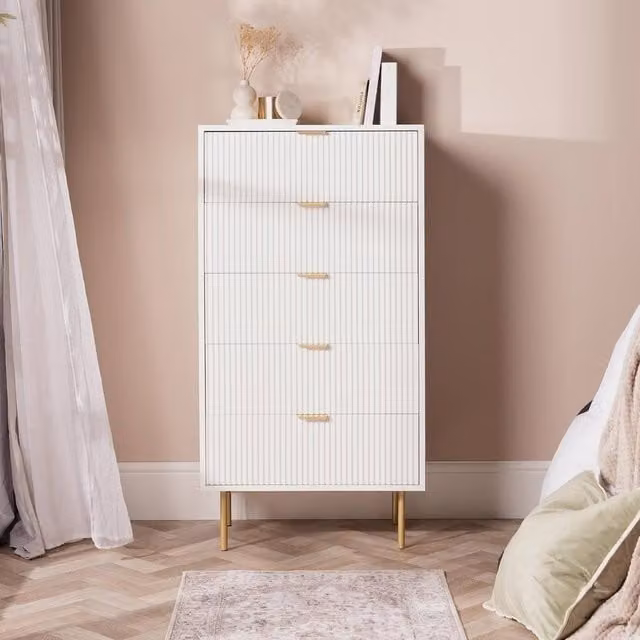 OHS Ribbed 5-Drawer Cream Engineered Wood Storage Cabinet