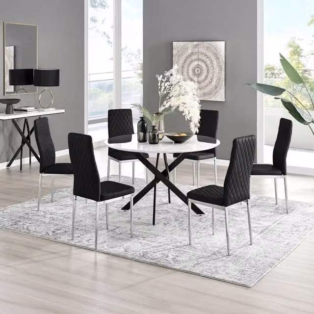 FurnitureboxUK Novara White Gloss Round Dining Table with 6 Black Velvet Milan Chairs, Diameter: 120 cm