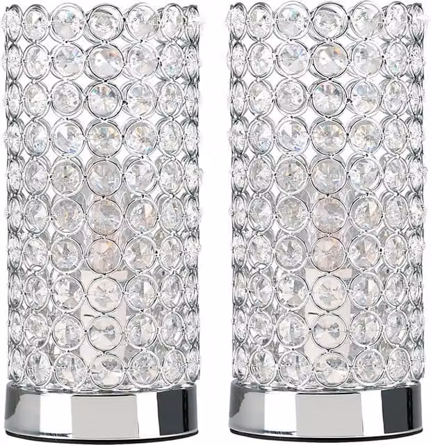 ValueLights Set of 2 Silver Chrome Crystal Touch Table Lamps