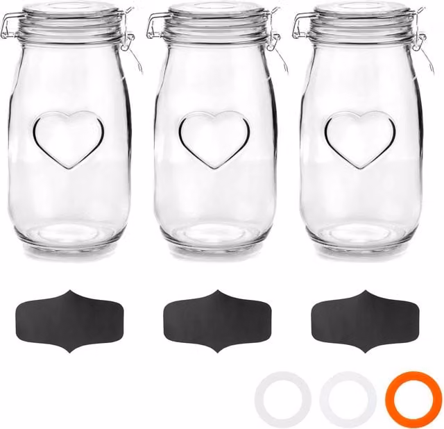 Nicola Spring Heart Glass Storage Jars with Labels, 1.5 l, Clear with Orange Seal