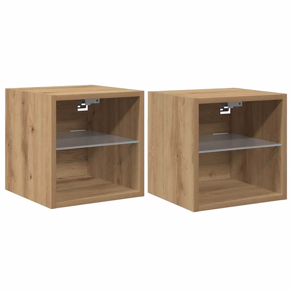 Berkfield Home Set of 2 Artisan Oak TV Wall Cabinets with Integrated LED Lights and Glass Doors, Brown, W: 30 cm, D: 28.5 cm, H: 30 cm – 2