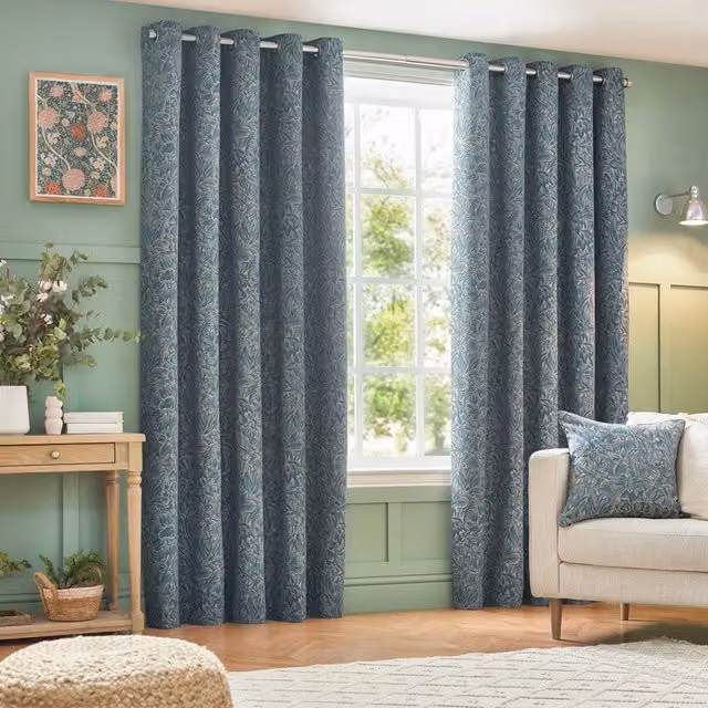 Grantley Set of 2 Wedgewood Blue Floral Jacquard Eyelet Curtains, Height: 229 cm, Width: 168 cm