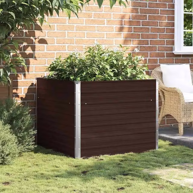 Berkfield Home Raised Garden Bed in Brown Galvanised Steel, W/D/H: 100 x 100 x 77 cm