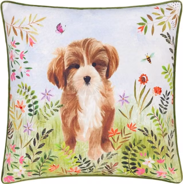 Make It A Home Daisy Hill Charlie Printed Square Velvet Cushion in Multicolour and Green with Feather Filling