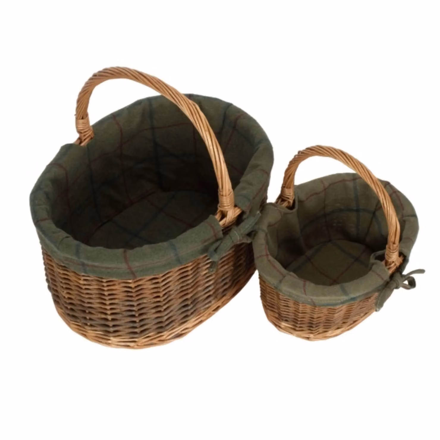 Set of 2 Red Hamper Wicker Country Oval Shopping Baskets with Green Tweed Lining in Brown – 2