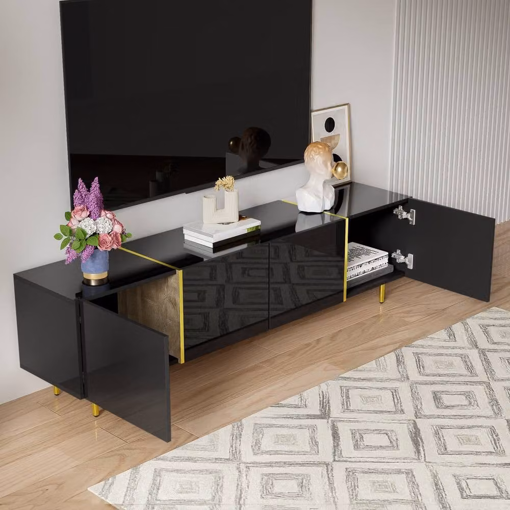 Merax Modern High Gloss Media TV Unit in Black and Gold with Four Doors, W: 170 cm, D: 35 cm, H: 46 cm – 4