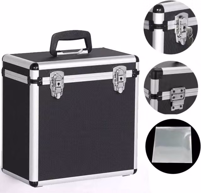 Hinsinc Black Heavy Duty Lockable Vinyl Record Storage Case with Lid and Handles – 1