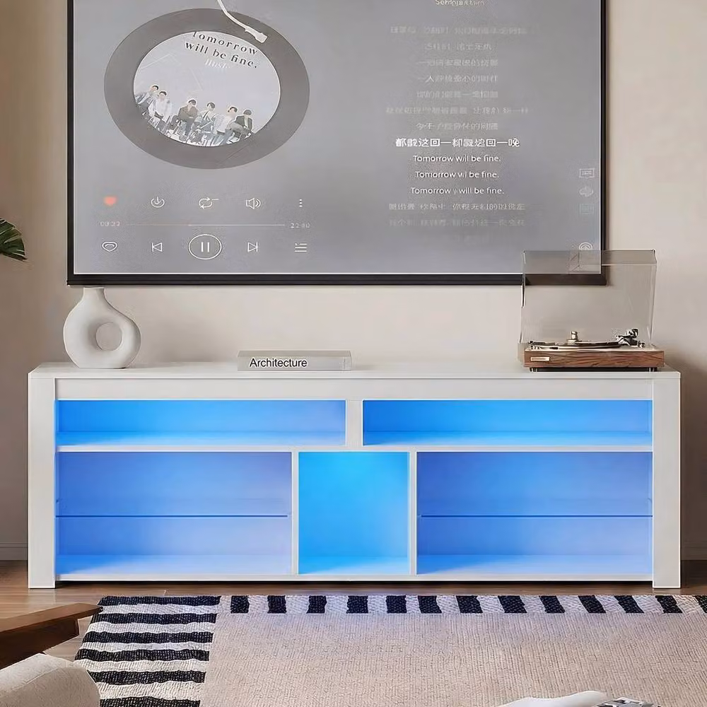 FORGEVIO Modern White LED Tall Entertainment Center with Integrated Lighting – 3