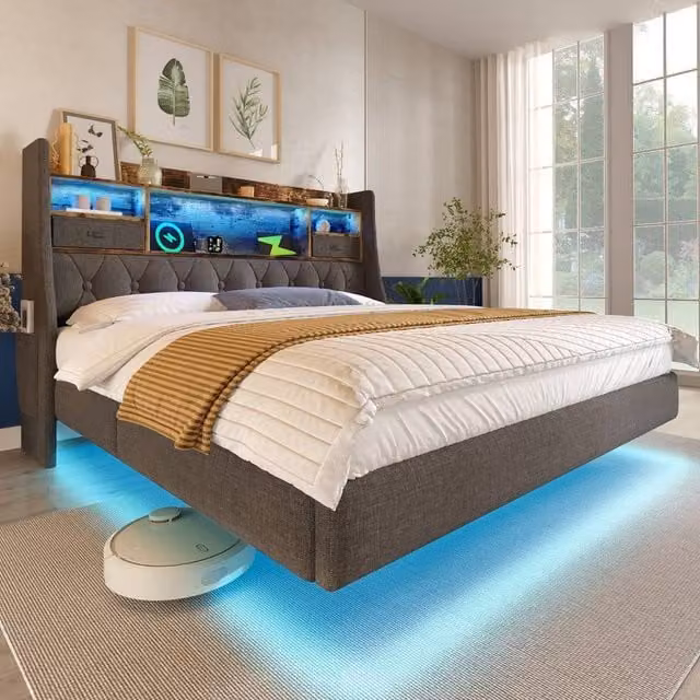 Rolipo Grey Linen King Size Floating Bed with LED Lighting, USB Charging Port and Storage Headboard – 1