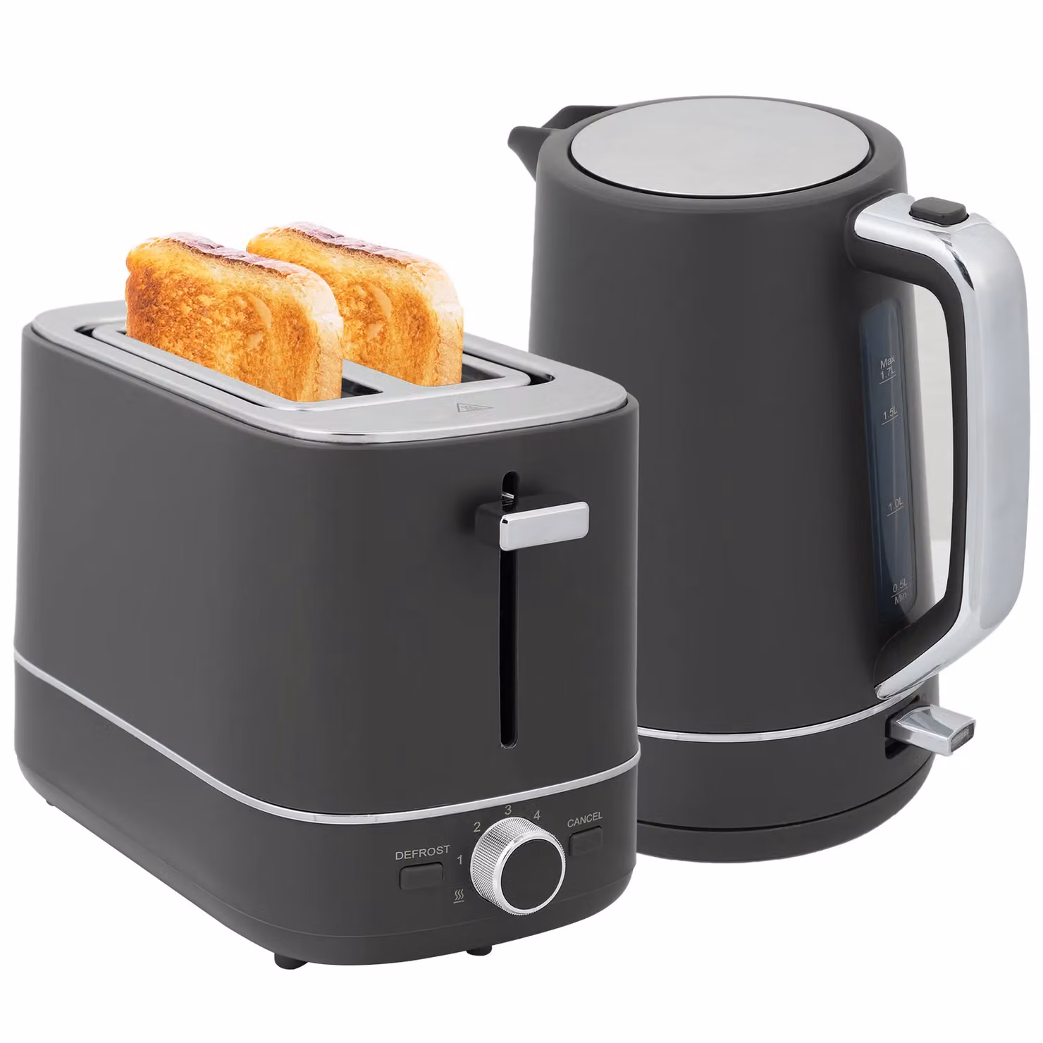 HOMCOM Grey Electric Kettle 1.7L and 2 Slice Toaster Set – 2