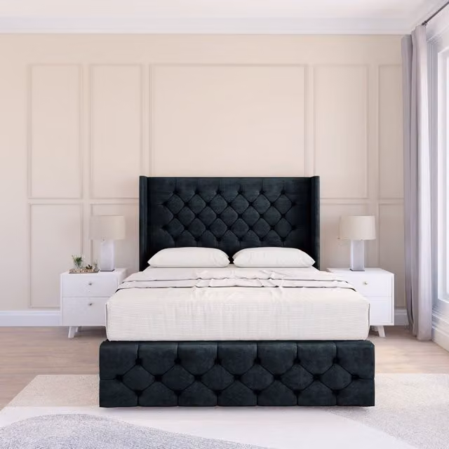 Sloomy Luthor Naples Black Velvet Wingback Bed Set with Floor Standing Headboard, Small Double