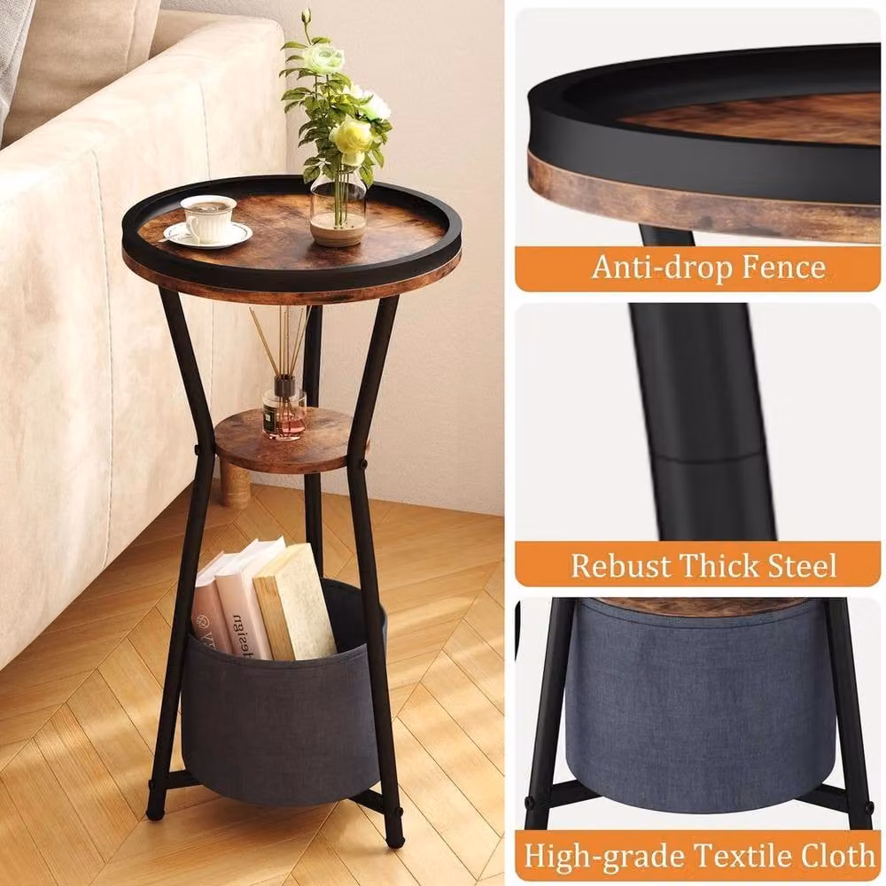 FORGEVIO Round 3-Tier Side Table in Rustic Brown – 4