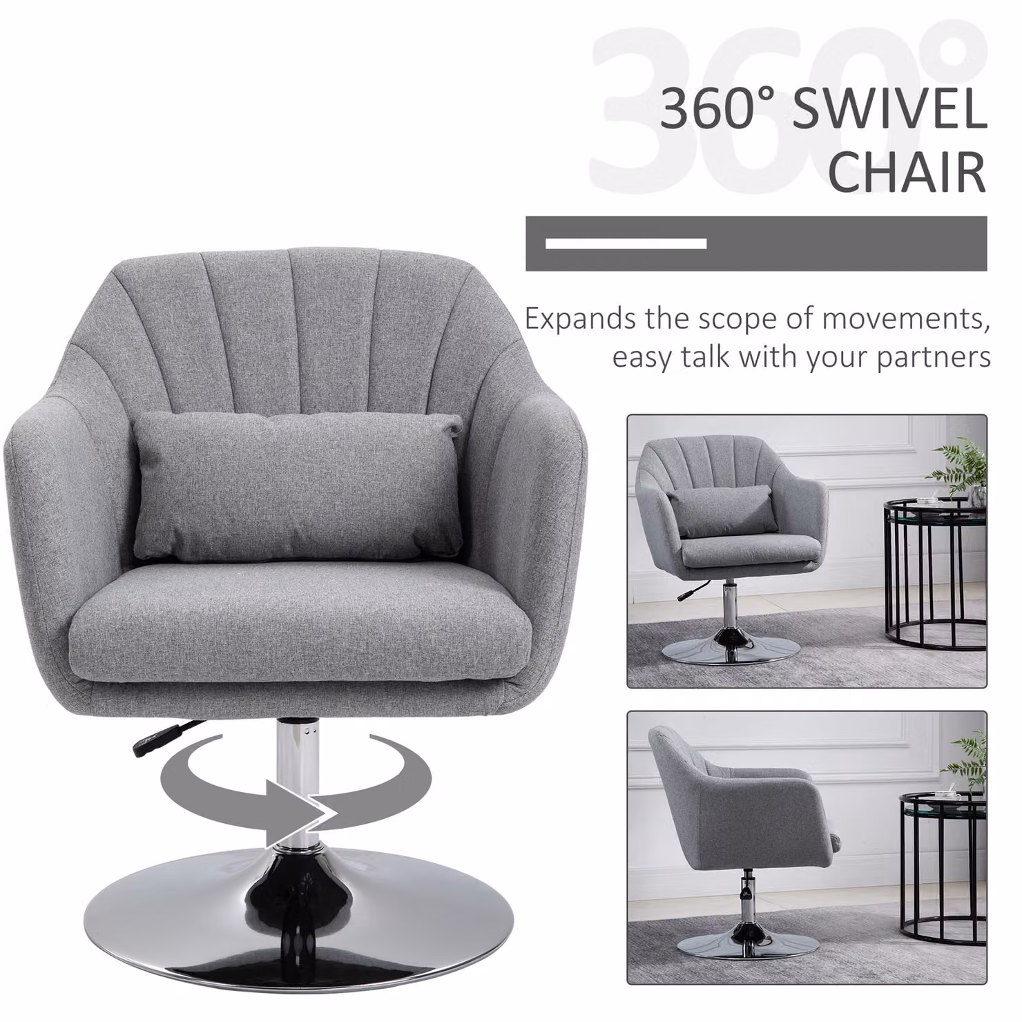 HOMCOM Retro Linen Swivel Tub Chair with Metal Frame in Grey – 4