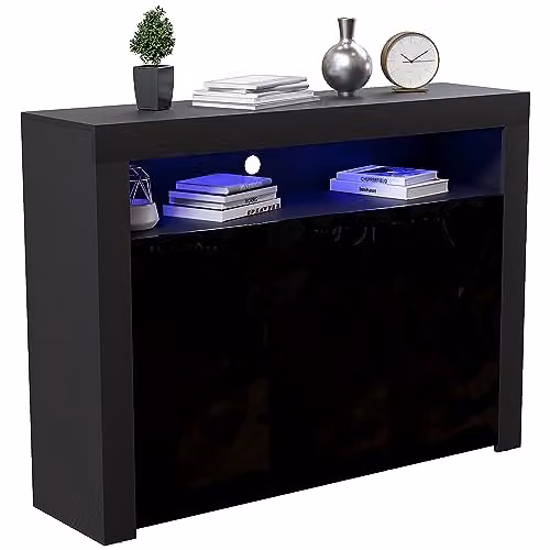 Vida Designs Nova 3 Door Modern High Gloss LED Sideboard in Black, W/D/H: 130 x 35 x 95 cm – 5