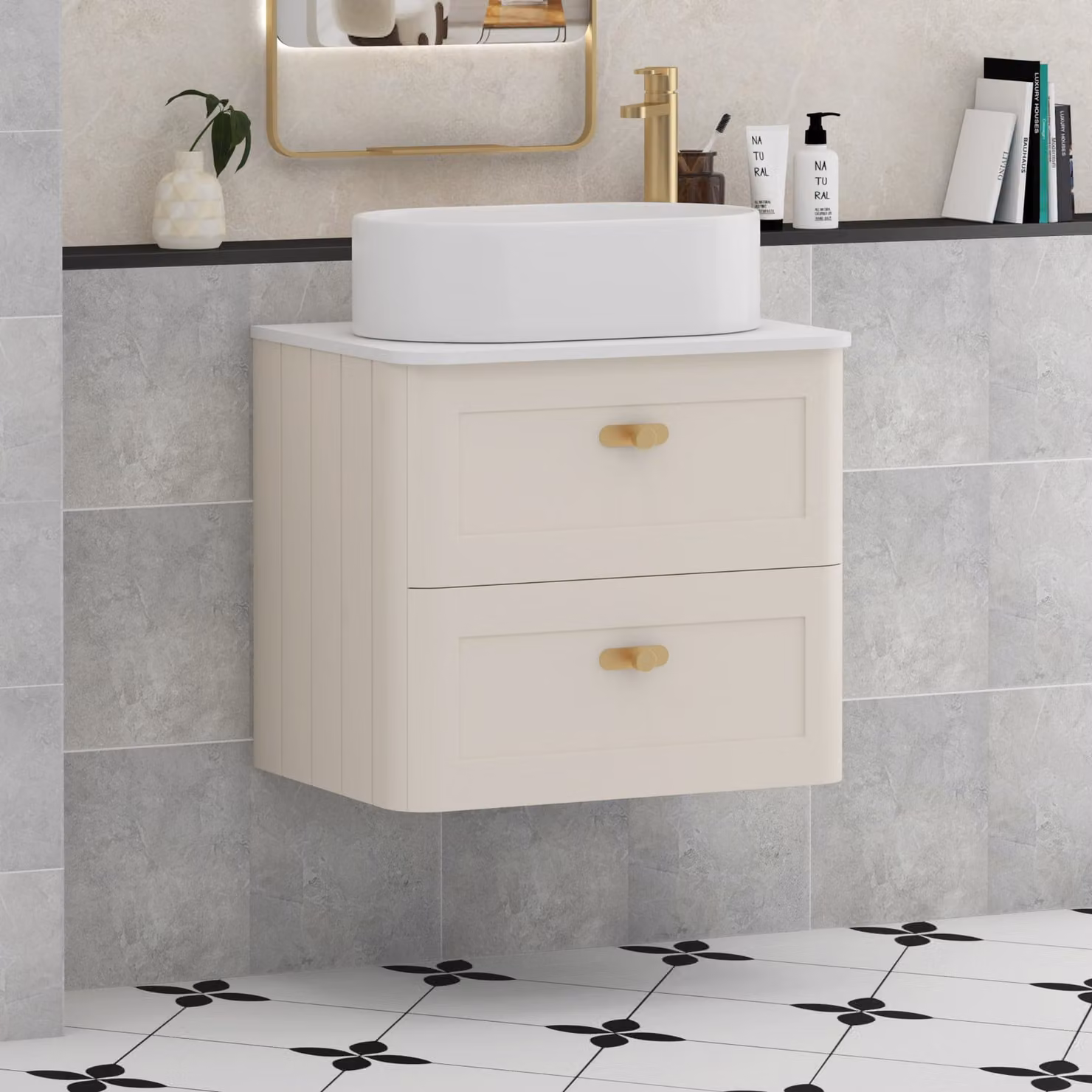Royal Bathrooms Henley 600mm Mushroom Cashmere Wall Hung 2 Drawer Vanity Unit with Plain White Worktop, Peak Basin and Brushed Brass Knob