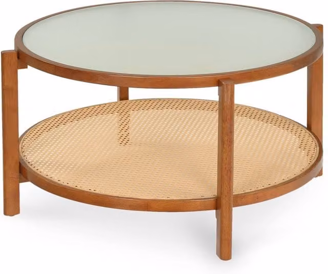 Gymax Round 2-Tier Rattan and Acacia Wood Coffee Table with Glass Top in Brown – 1