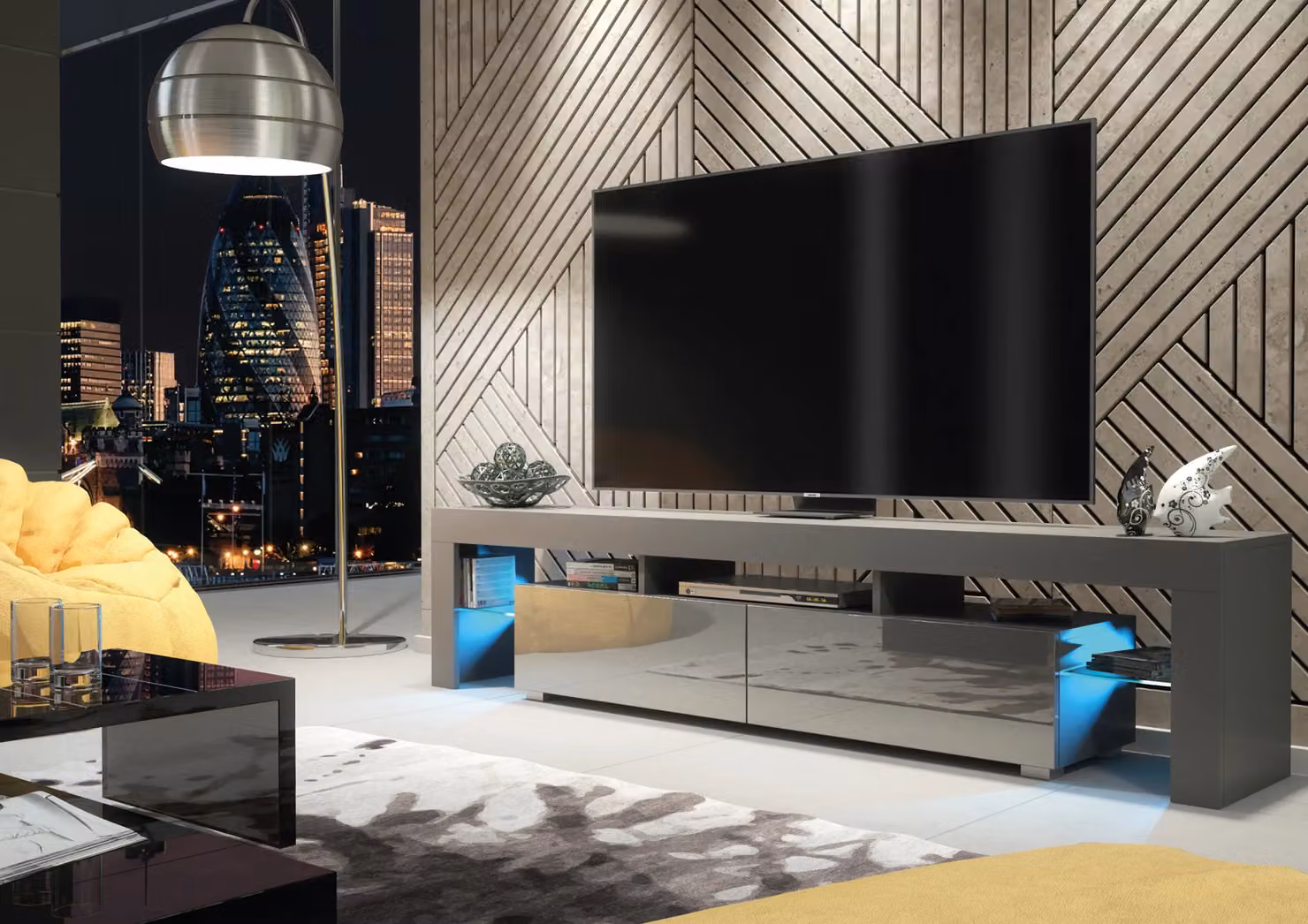 Creative Furniture Nova TV Unit in Dark Grey with Glossy Doors and LED Lights, W: 200 cm, D: 45 cm, H: 35 cm – 3
