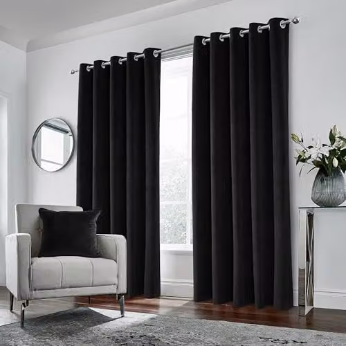 Enhanced Living Blackout Velvet Thermal Eyelet Curtains, Black, W: 168 cm, H: 229 cm