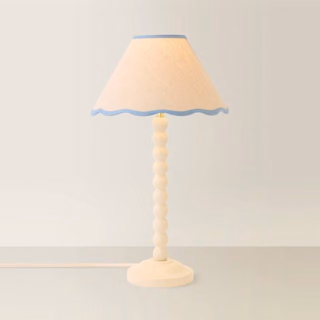 ValueLights Bobbin Cream Table Lamp with Blue Trim Linen Shade and LED Bulb – 1
