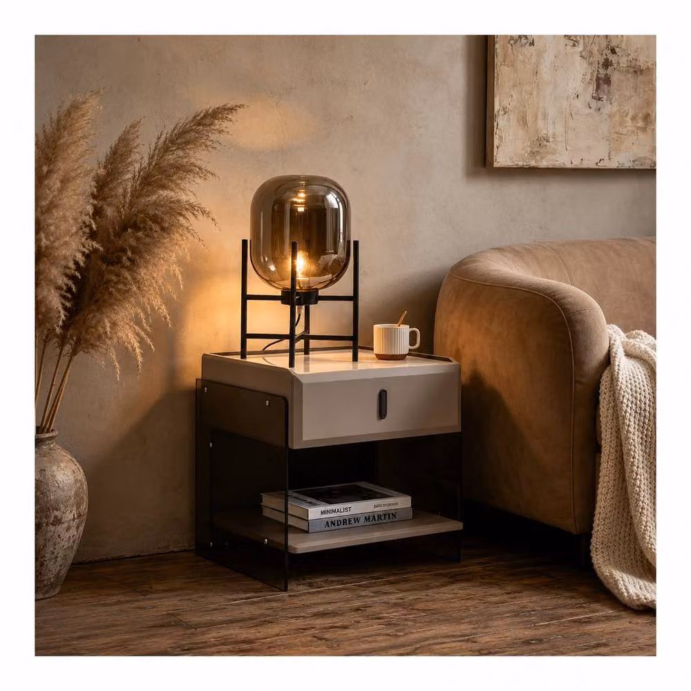7seas Modern Bedside Table with Acrylic Side Panels in Beige, W: 48 cm, D: 39 cm, H: 46.5 cm – 4