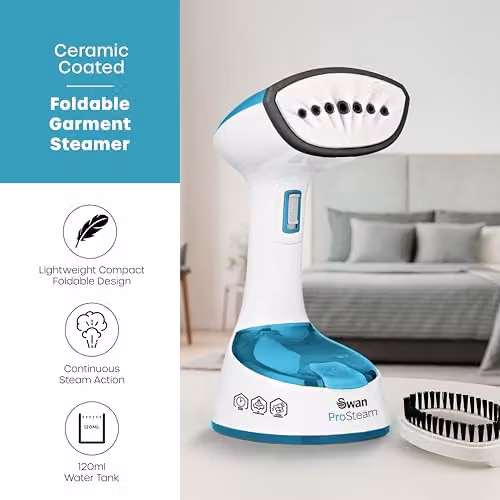 Swan SI12030N Foldable Handheld Garment Steamer with Removable Brush Attachments, 1470 Watts, White and Blue – 2