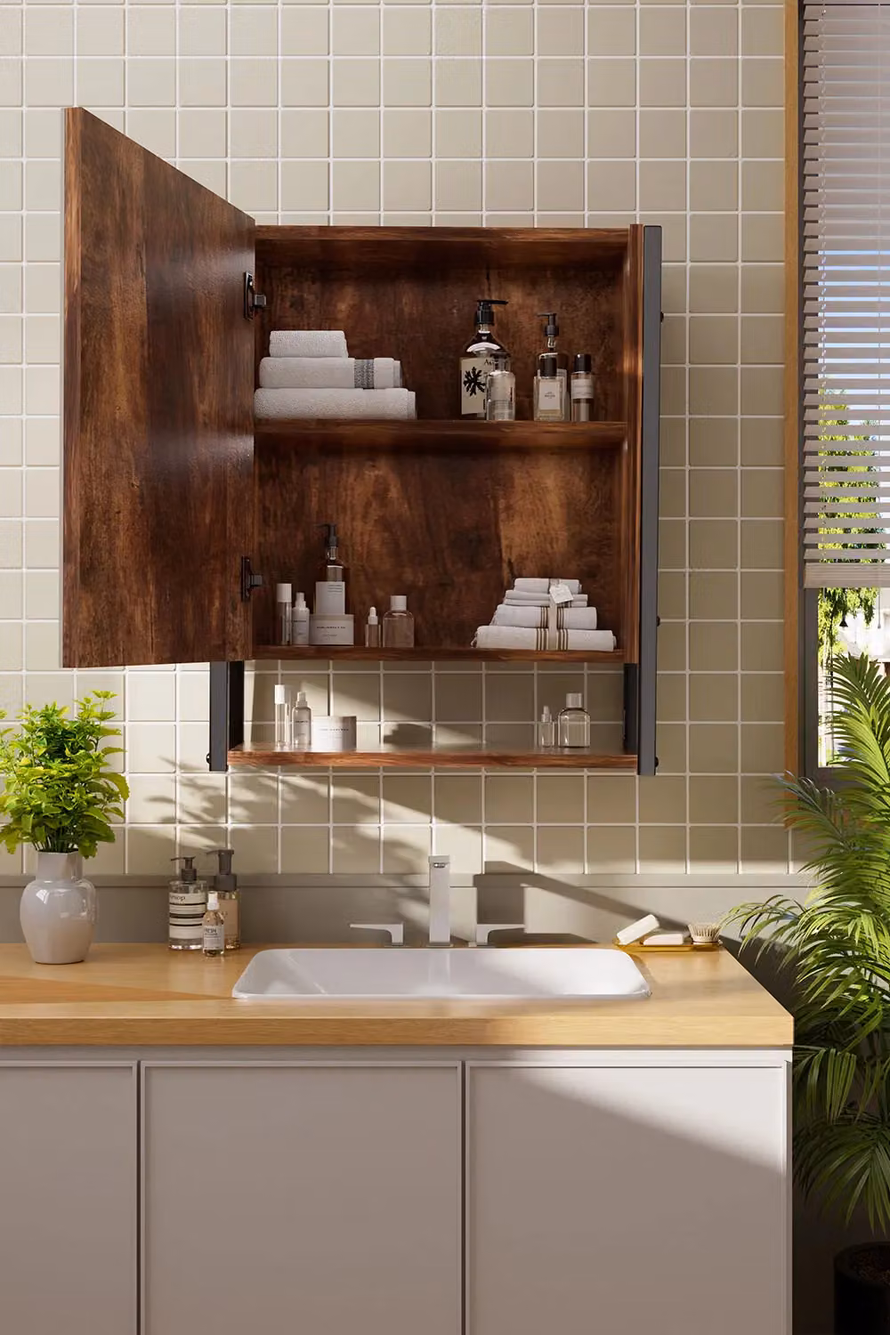 Living and Home Modern Wall-Mounted 3-Layer Brown Mirror Cabinet with Metal Frame and Internal Shelves for Bathroom – 2
