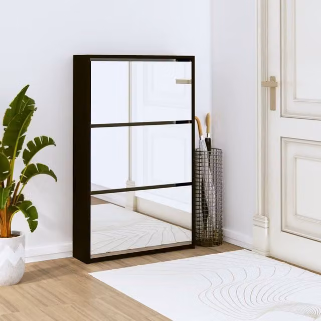 Berkfield Home Modern Black 3-Layer Wall Mounted Shoe Cabinet with Mirror, W/D/H: 63 x 17 x 102.5 cm
