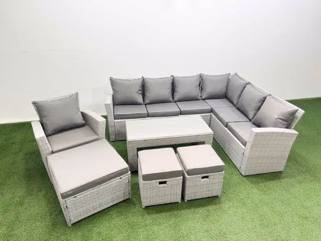 Fimous 11 Seater Rattan Garden Furniture Set with Corner Sofa in Light Grey