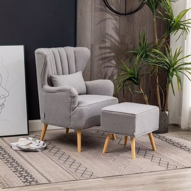 Livingandhome Modern Grey Fabric Wing Back Armchair with Integrated Ottoman and Oak Wood Legs
