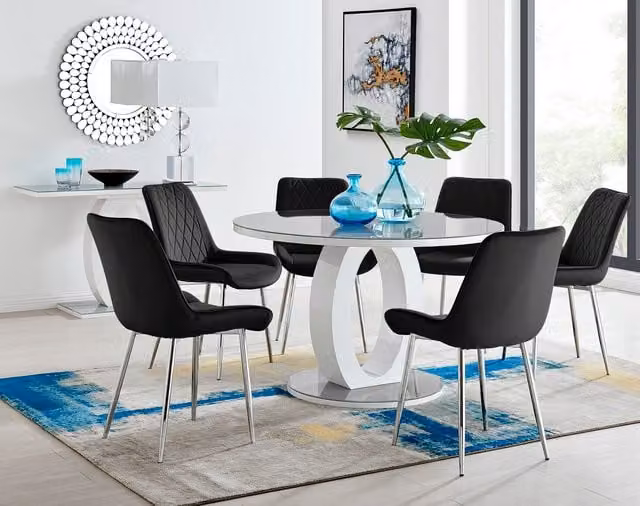FurnitureboxUK Giovani Round Grey Glass Dining Table with 6 Black Pesaro Silver Leg Chairs