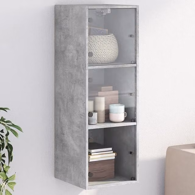 Berkfield Home Wall Mounted Cabinet with Glass Doors in Concrete Grey, W/D/H: 35 x 37 x 100 cm