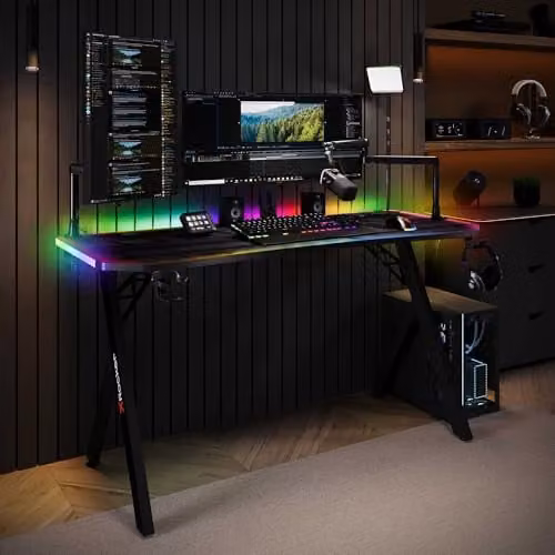 X-Rocker Lumio XL RGB LED Gaming Desk with App-Controlled Lights, Black, W/D/H: 140 x 60 x 75 cm