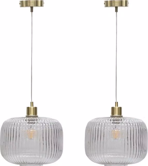 First Choice Lighting Batley Large Set of 2 Pendant Lights with Clear Ribbed Glass and Satin Brass Finish – 1
