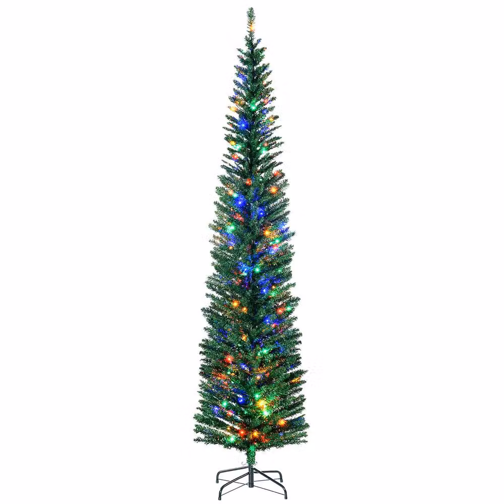 HOMCOM Green Pencil Artificial Christmas Tree with Colourful LED Lights, Height: 213 cm – 2