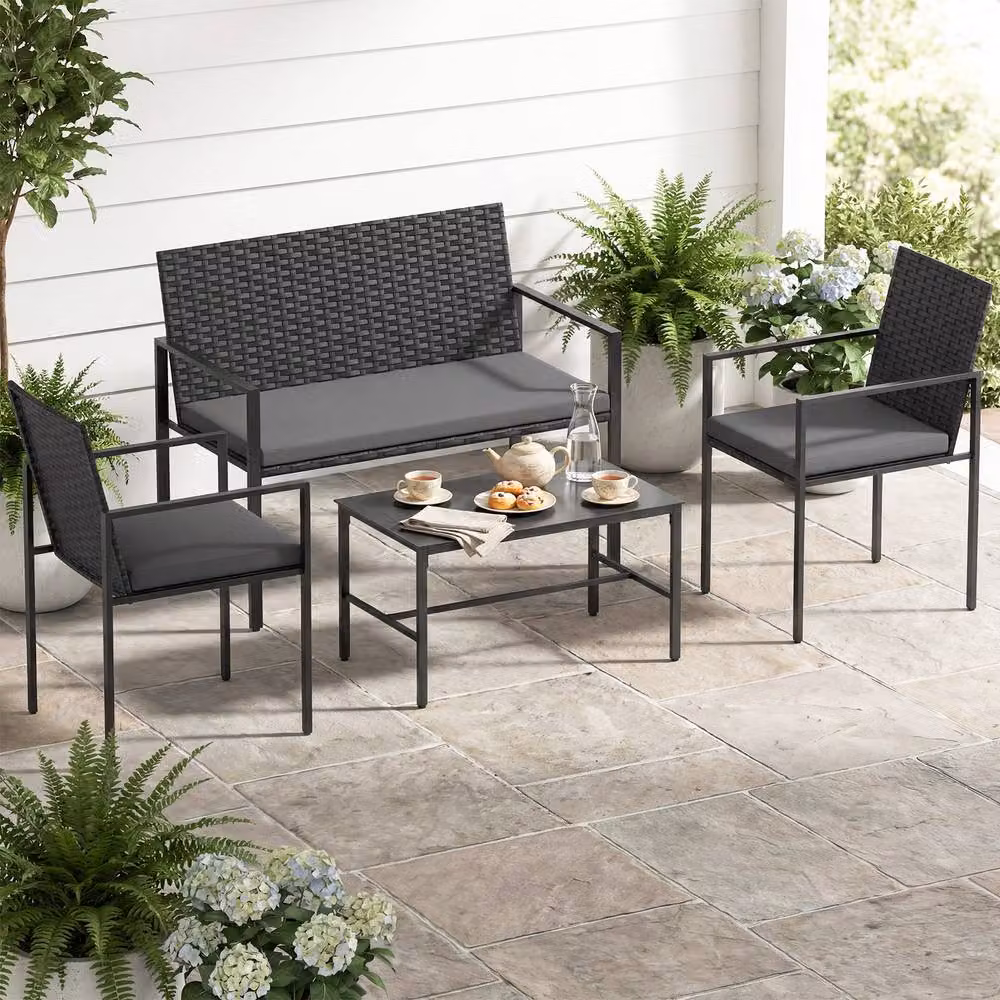 Costway 4-Piece Grey Polyrattan Patio Furniture Set with 2-Seater Sofa, Armchairs, Coffee Table and Upholstered Cushions – 8