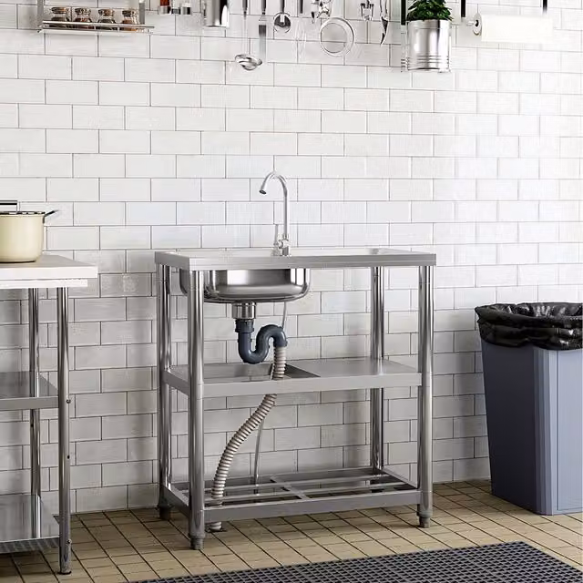 Garden Sanctuary Rectangle Stainless Steel Sink with Shelves, Silver, Width: 75 cm