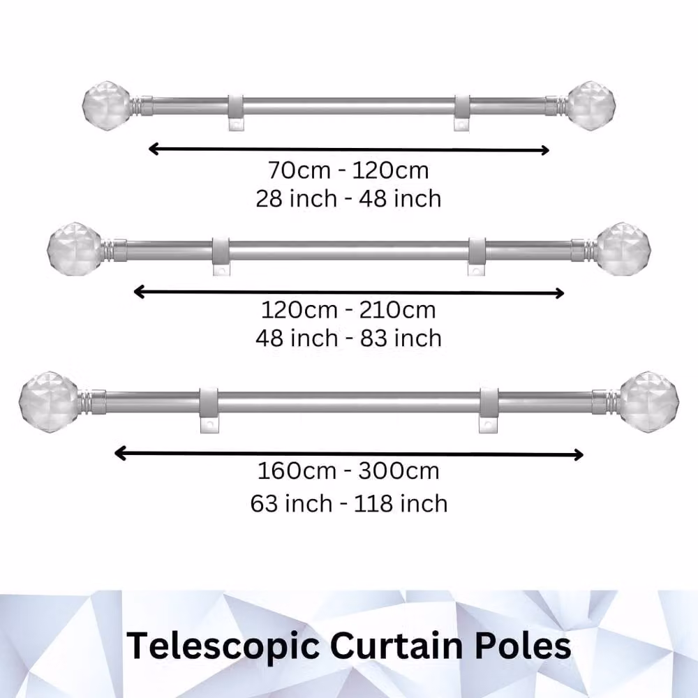 Caecus Diamanter Metal Eyelet Extendable Curtain Pole with Crystal Ball Finials, White, Length: 70-120 cm