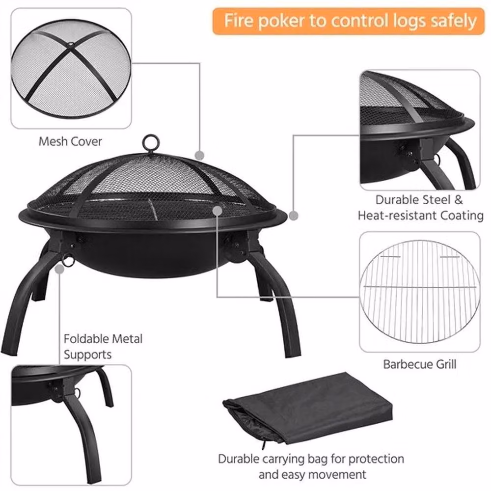 Kelvenix Black Metal Foldable Wood Burning Fire Pit Bowl W/D/H: 54.0 x 38.5 x 38.5 cm – 5
