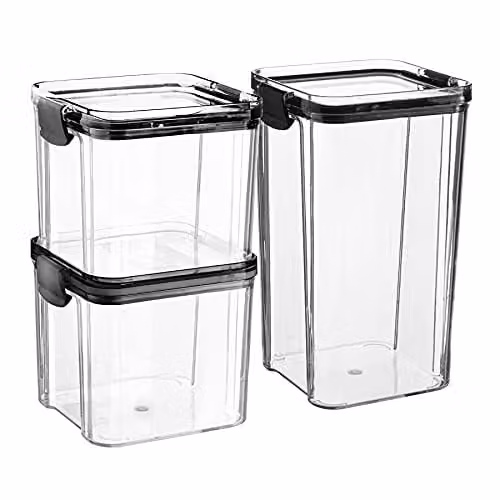 Argon Tableware 3 Piece Food Storage Container Set in Black and Transparent, BPA-Free Stackable and Leakproof Plastic Clip-Top Jars – 1