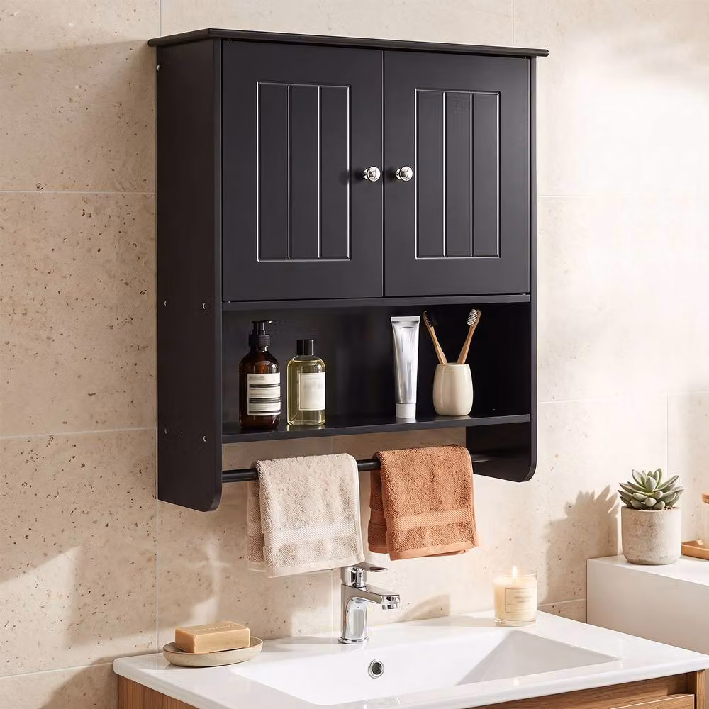 Costway Modern Black Wall Mounted Bathroom Cabinet with 2 Hinged Doors, Open Shelf and Internal Shelving – 3