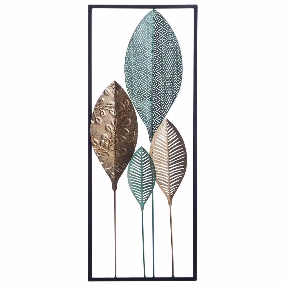 Wyld and Coco Turquoise and Gold Four Leaf Openwork Metal Floral Wall Art – 2